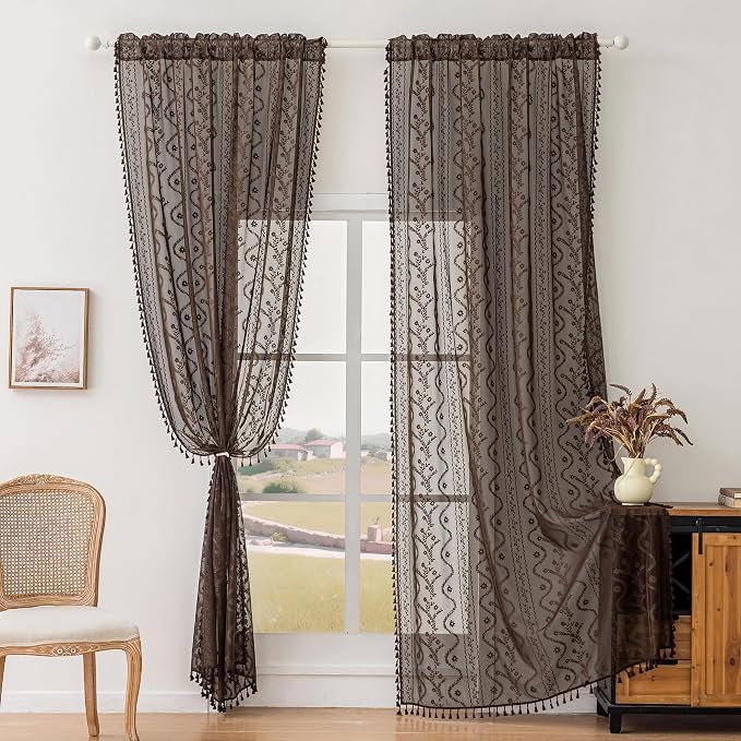 WAZZIO Boho Lace Curtains 2 Panels 84 Inch -Victorian Sheer Panel Drape French Country Floral Pattern & Tassel Light Filtering Privacy for Bedroom Dining Living Room,Rustic Style,Brown,W52x L84