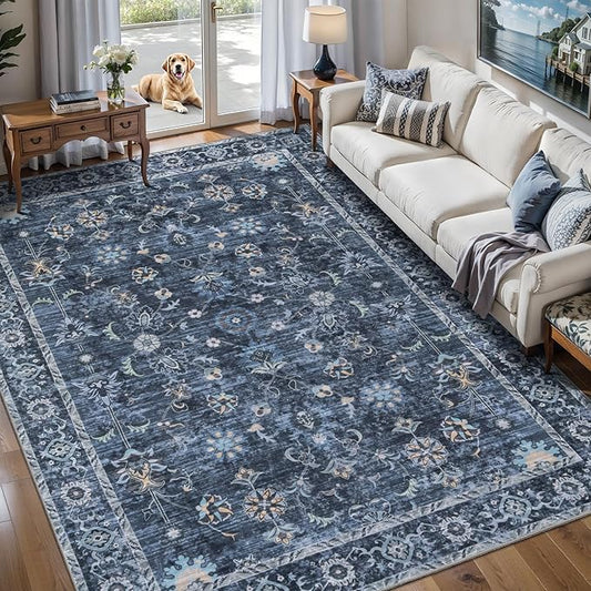 Tangsoo 7x10 Large Area Rug for Living Room, Non Slip Machine Washable Rug for Bedroom, Boho Distressed Vintage Blue Floral Rugs, Soft Indoor Floor Carpet Mat for Office Kitchen Farmhouse Home Decor