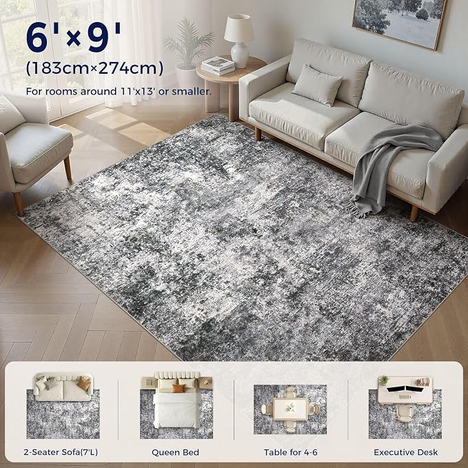 Area Rug Living Room Rugs - 6x9 Large Soft Indoor Neutral Modern Abstract Low Pile Washable Rug Carpet for Bedroom Dining Room Farmhouse Home Office - Grey