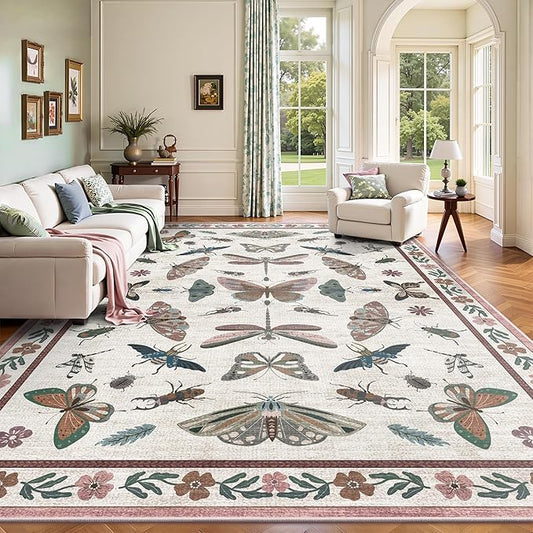 8x10 Area Rugs, Insect Ultra Soft Washable Rug Non Slip with Rubber Back, Stain Resistant Rugs for Living Room, Bedroom, Dining Room, Kids Room(Pink Butterfly)