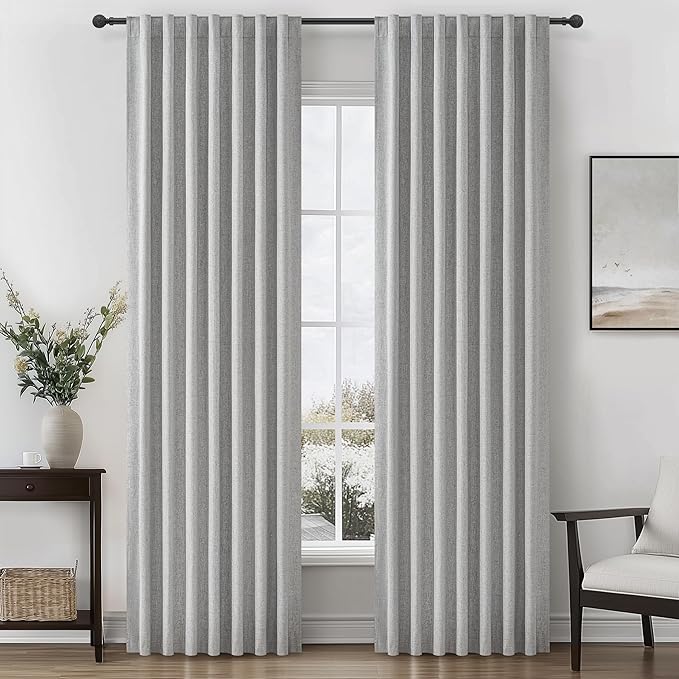 QJmydeco Grey Blackout Curtains 84 Inch Length 2 Panels Set for Bedroom, Modern Faux Linen Room Darkening Pleated Light Gray Burg with Rod Pocket Back Tab 84 Inch Insulated Curtain for Office Sunroom