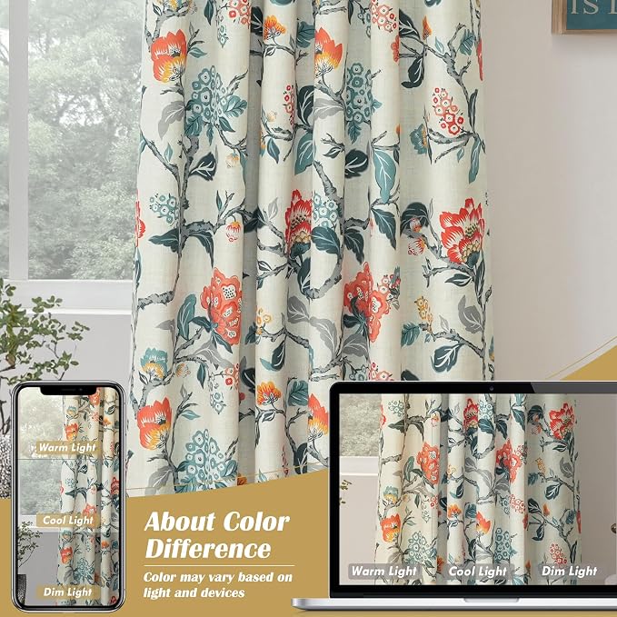 DriftAway Ada Floral Botanical Print Flower Leaf Lined Thermal Insulated Room Darkening Blackout Window Curtains 2 Layers Set of 2 Panels Each 52 Inch by 120 Inch Orange Teal Beige Linen