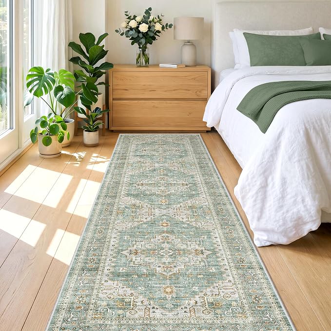 befbee Washable Hallway Runner Rugs 2.5 x 8, Non-Slip Low-Pile Soft Kitchen Rug Runner Laundry Room Rug, Vintage Throw Mat for Entrance Living Room (2'6''x8,Green)