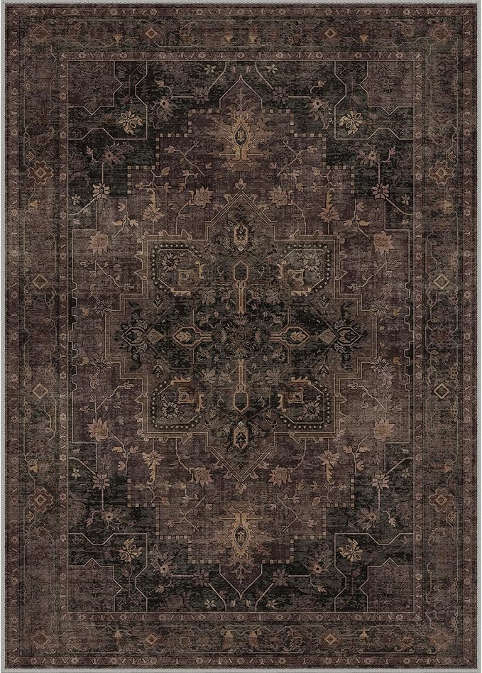 GENIMO 4x6 Area Rugs for Living Room, Machine Washable Rug, Non Slip Indoor Vintage Rug, Low Pile Lightweight Chenille Print Carpet for Bedroom Dining Room Home Office, Charcoal Brown
