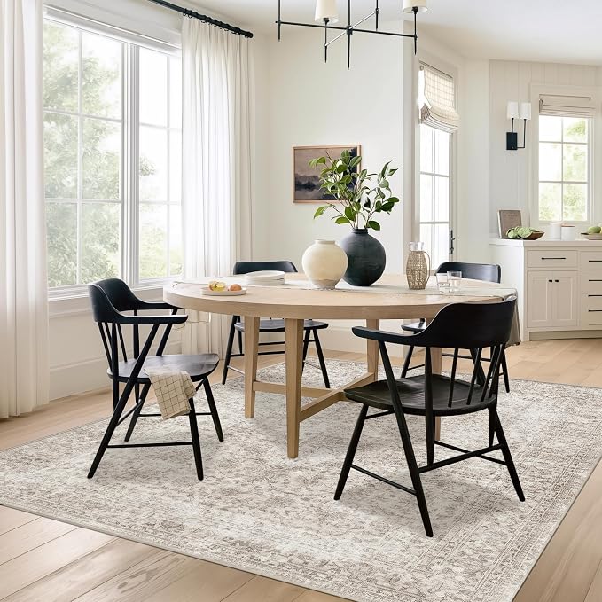 FMFUNCTEX 7x10 Washable Area Rug Beige Vintage Neutral Distressed Large Non Slip Carpet for Living Room Bedroom Soft Low Pile Indoor Mat Retro Floral Thin Rug for Dining Room Kitchen Office Nursery