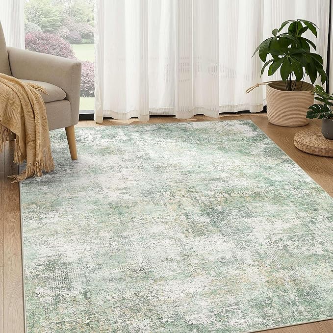 DMOYEST Area Rug Living Room Rugs - 5x7 Large Soft Indoor Neutral Modern Abstract Low Pile Washable Rug Carpet for Bedroom Dining Room Farmhouse Home Office - Green Grey