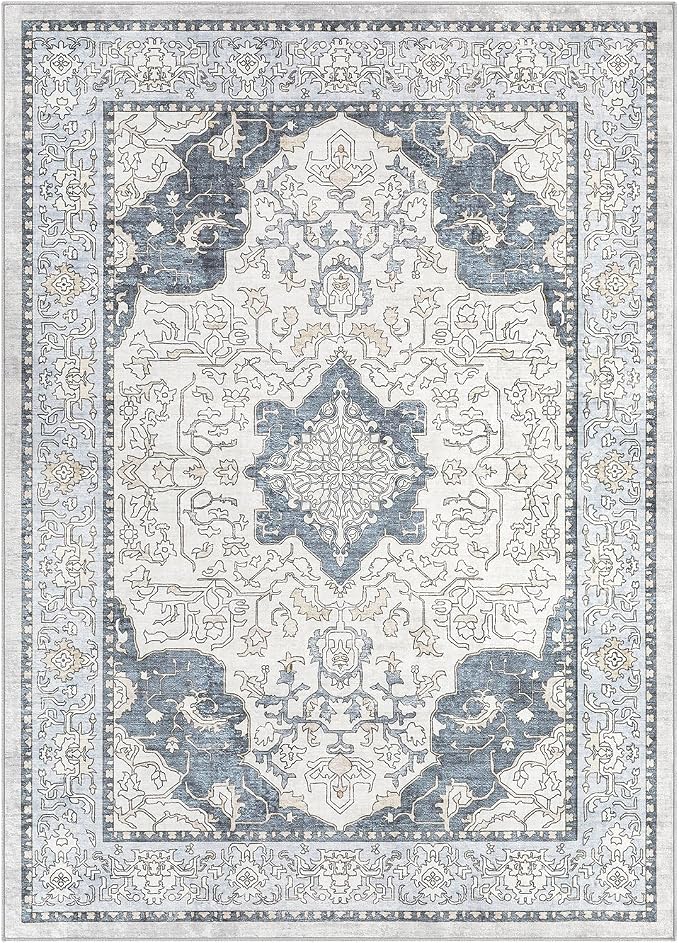 cotiled 4x6 Area Rug Machine Washable Vintage Carpet for Living Room Bedroom Soft Non-Slip Backing Floor Mat Kid & Pet Friendly Stain Resistant Light Blue