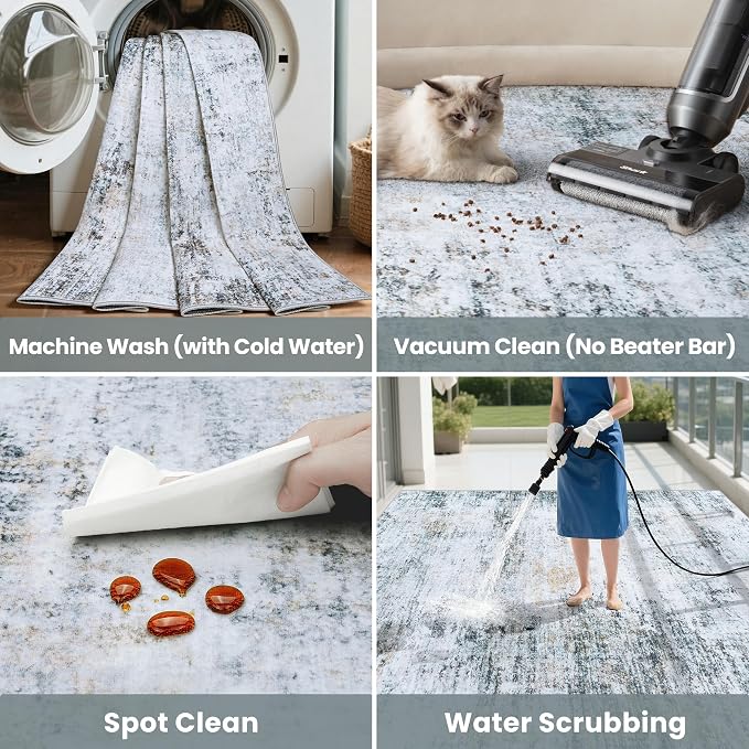 5x7 Area Rugs Washable Rug:Anti-Skid Abstract Modern Living Room Rug Soft Thin Carpets Indoor Floor Non-Shedding Carpet for Bedroom Dining Farmhouse Nursery Home Office(Blue/Grey/Gold/White, 5x7)
