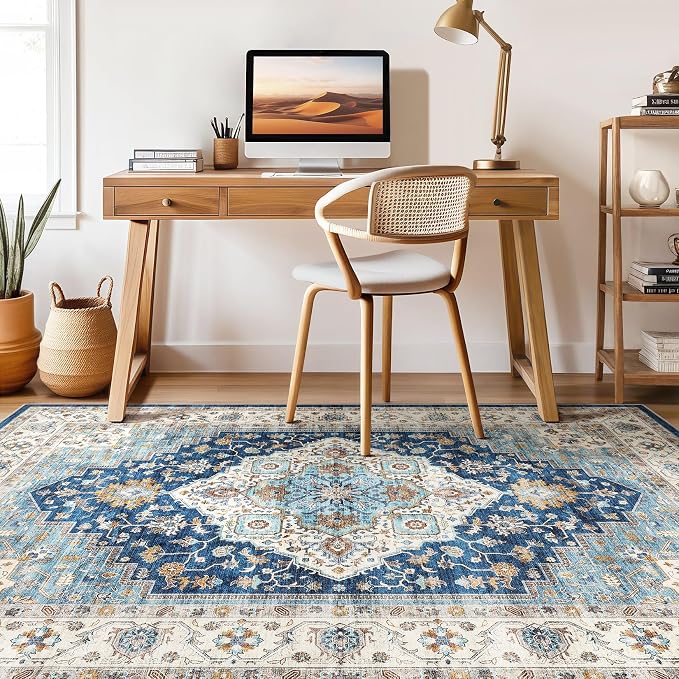 10x12 Area Rug Living Room: Washable Boho Large Neutral Vintage Soft Rugs Stain Resistant Farmhouse Non-Slip Indoor Floor Retro Carpet for Bedroom Nursery Kids Office Dining Room- Navy Beige