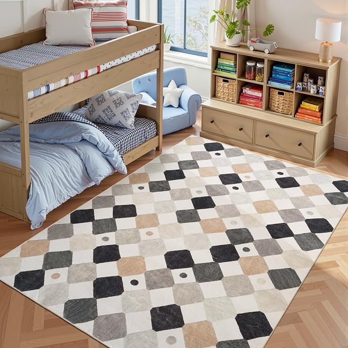jinchan Macy 6x9 Kids Area Rug for Classroom Black and White Modern Nursery Rug Colorful Checkered Diamond Play Mat Washable Soft Non Slip Carpet for Playroom Bedroom Daycare Marble on Cream