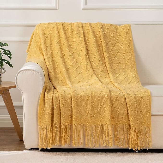 BATTILO HOME Yellow Throw Blanket with Fringe, Gold Bed Throws Spring Decorative Large Throw for Couch Sofa Indoor Outdoor (Yellow, 52"x80")