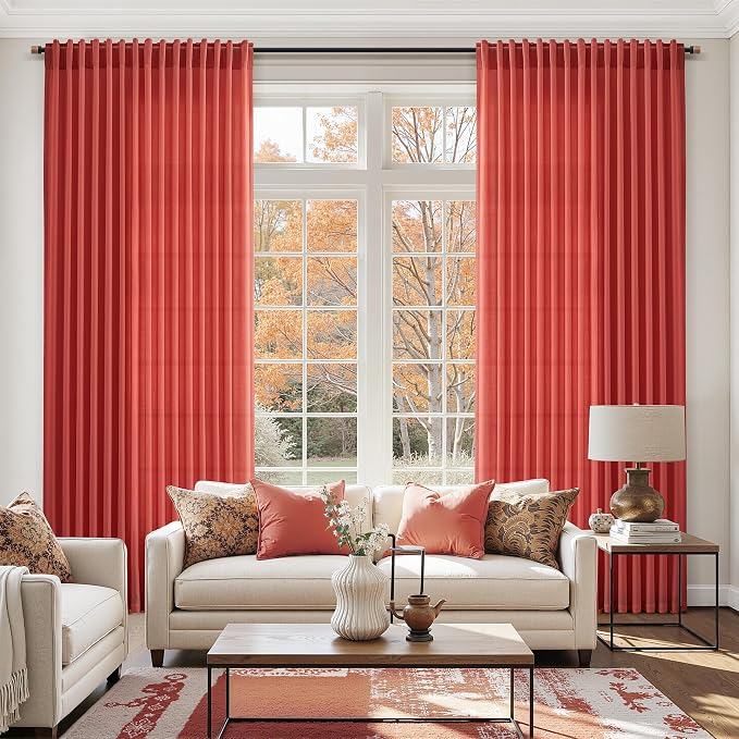 Nanspring Christmas Red Linen Curtains 96 Inches Long for Living Room Light Filtering Semi Sheer Curtain Back Tab Rod Pocket Vintage Rustic Luxury Home Decor Neutral Drapes for Bedroom 52x96, 2 Panels