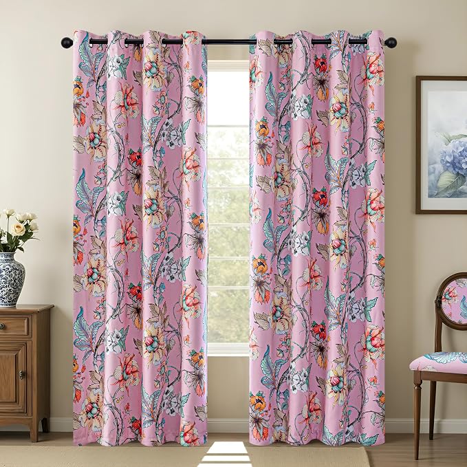 MYSKY HOME Floral Pink Blackout Curtains 90 Inch Long Girls Bedroom Black Out Thermal Insulated Privacy Protect Curtain Flower Patterned Fancy Cottage Core Grommet Drapes, Pack-2