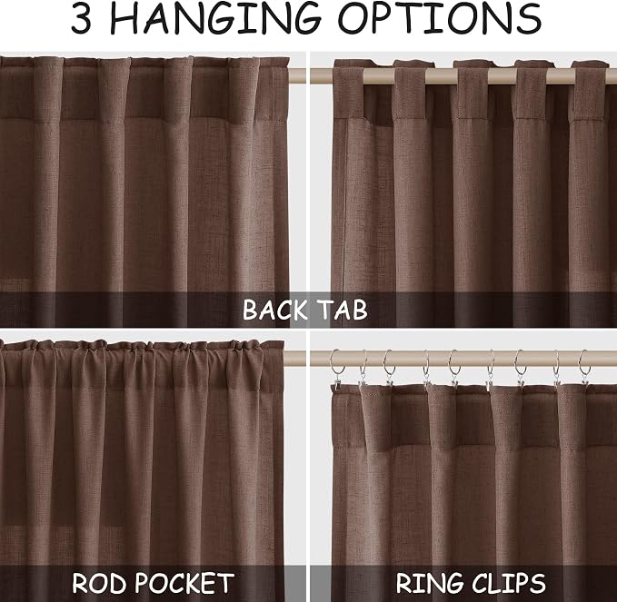 Nanspring Mocha Mousse Curtains 108 Inches Long 2 Panels Set Back Tab Loop Pocket Linen Blend Light Filtering Semi Sheer Boho Large Window Decor for High Ceiling Living Room 52x108