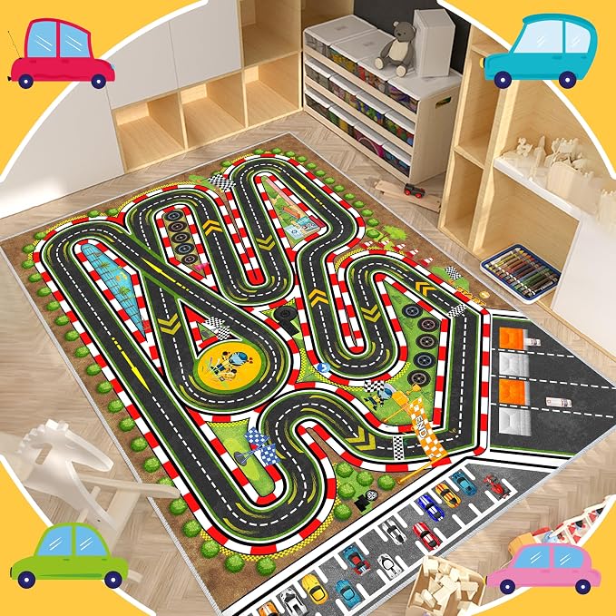 Kids Racing Rug 39''X59'' Car Road Kid Rug Carpet Playmat for Playoom Traffic Road Kid Play Mat for Bedroom，Kids Educational City Traffic Road map Fun Carpet (Brown,)