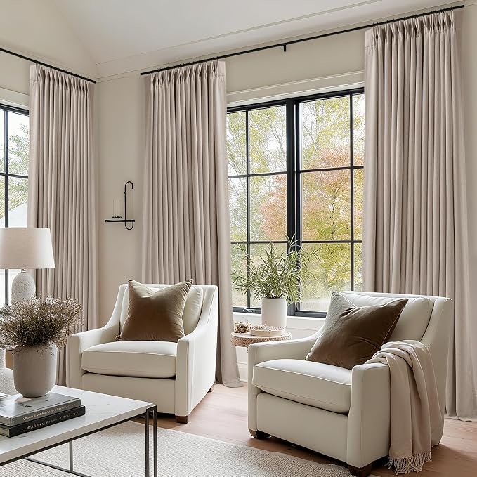 Burlywood Greige Pinch Pleated 100% Blackout Linen Curtains 86 Inch Length 2 Panels Set Pinch Pleat Curtains Black Out Light Blocking Room Darkening Drapes with Liner for Bedroom Living Room Window