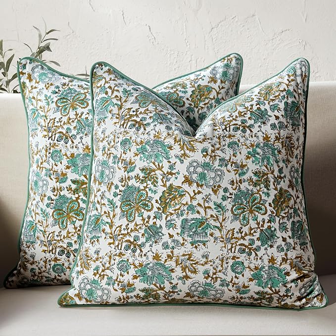 CPC 100% Cotton Throw Pillow Covers 24x24 Inch, Set of 2 Blue Block Print Pattern Couch Pillow, Cute Boho Decorative Pillows for Living Room, Bedroom with Hidden Zipper- Harvest Bloom