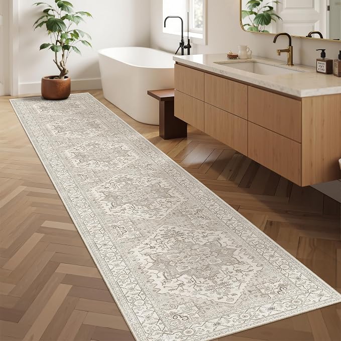 Madane Washable Runner Rugs 2x12 Long for Hallway Kitchen Soft, Beige/Brown | Non-Slip Vintage Printed 12ft Rug Runners with Rubber Backing, Thin Low-Pile Floor Carpet Laundry Room Entryway, Corridor