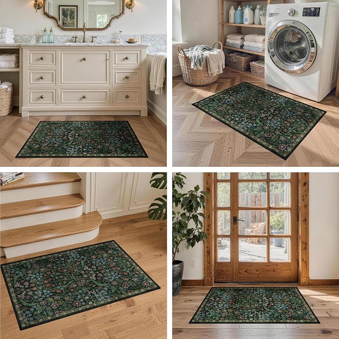 2x3 Washable Area Rug for Entryway Vintage Boho Floral Rug Non-Slip Low Pile Soft Faux Wool Small Carpet Kids and Pets Friendly for Bathroom Bedroom Kitchen Hallway Bedside Home Decor Rug Green