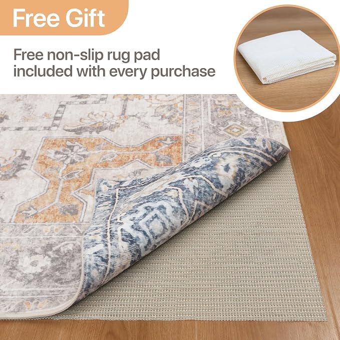 GENIMO 6x9 Reversible Area Rugs for Living Room, Machine Washable Rug with Pad, Non Slip Vintage Rug, Low Pile Lightweight Print Carpet for Bedroom Dining Room Home Office, Taupe & Blue