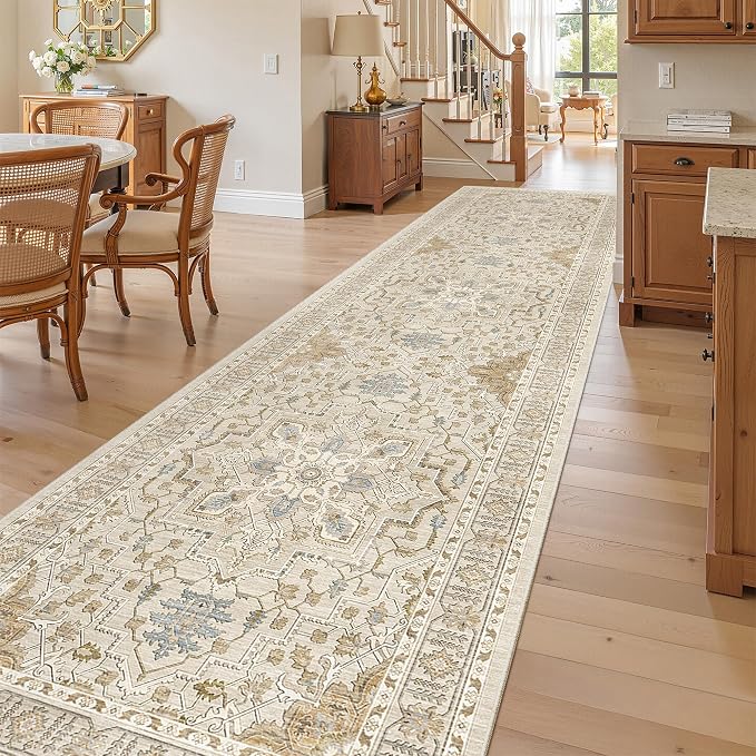 Madane Hallway Runner Rug 3x12 Washable Kitchen Runners 12ft, Beige/Blue | Vintage Non Slip Area Rugs for Hallways, Soft Low-Pile Thin Farmhouse Wide Floor Carpet for Entryway Foyer Bathroom Bedroom