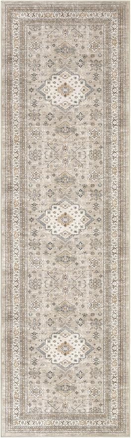 Vintage Hallway Runner Rug 3x10: Large Soft Washable Entryway for Kitchen Laundry Room Non-Slip Backing Runner for Entrance Living Room Bedroom Bathroom - Beige