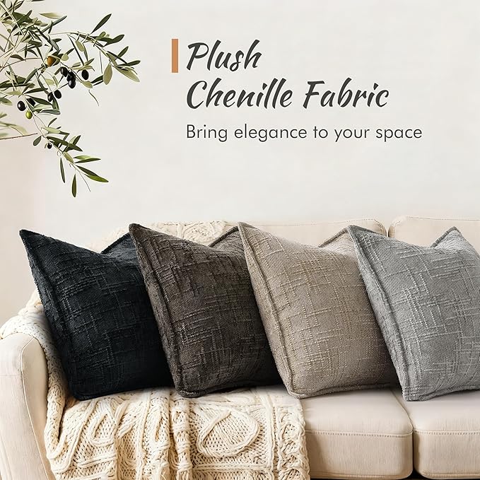 decorUhome Chenille Throw Pillow Covers 18x18 Set of 2, Soft Textured Slubby Modern Decorative Pillow Covers with Elegant Design for Couch, Sofa, Living Room, Black