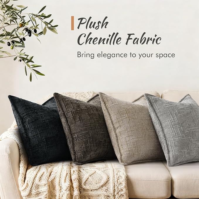decorUhome Chenille Throw Pillow Covers 22x22 Set of 2, Soft Textured Slubby Modern Decorative Pillow Covers with Elegant Design for Couch, Sofa, Living Room, Oatmeal