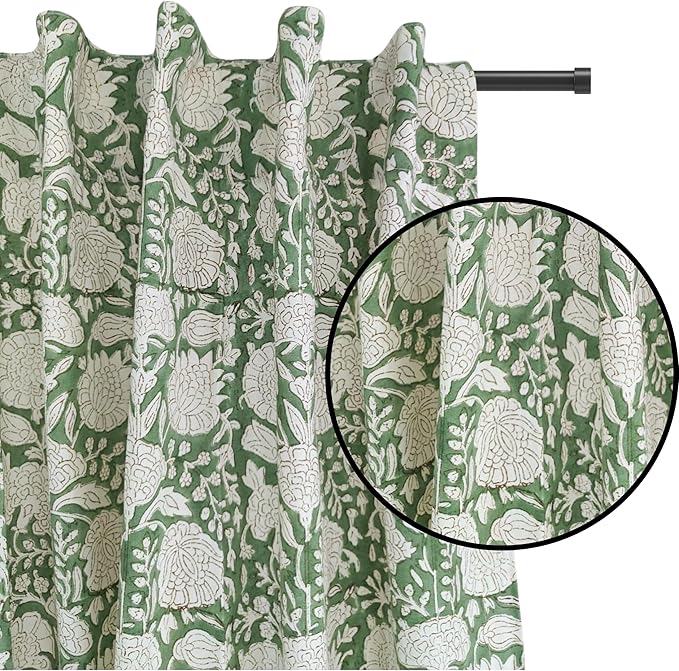 ATOSII 100% Cotton Single Panel Floral Block Print Curtain, Easy Hanging with Rod Pocket & Loop, Living Room, Dining Room, Bedroom Light Filtering Boho Curtains, Set of 1, 60" W X 108" L, Jade Green