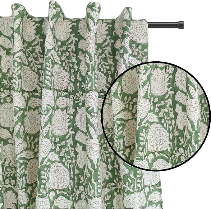 ATOSII 100% Cotton Single Panel Floral Block Print Curtain, Easy Hanging with Rod Pocket & Loop, Living Room, Dining Room, Bedroom Light Filtering Boho Curtains, Set of 1, 60" W X 96" L, Jade Green