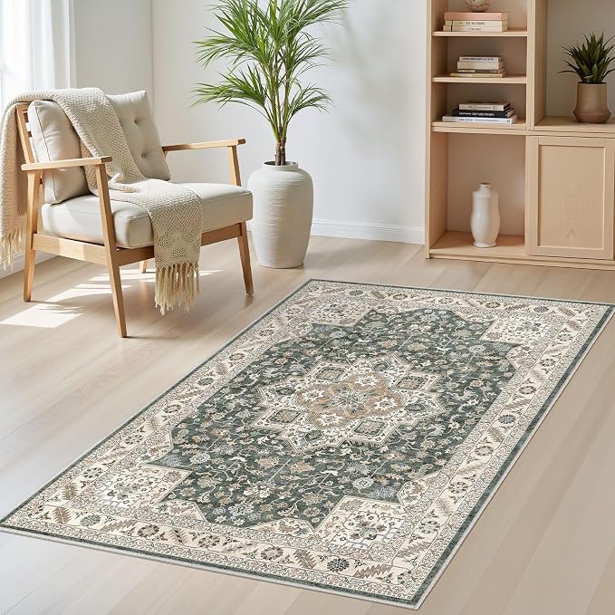 cotiled Vintage Living Room Area Rug 3x5 - Large Soft Washable Oriental Traditional Distressed Farmhouse Rugs for Bedroom - Indoor Floor Accent Carpet for Home Office House Decor - Vintage Green