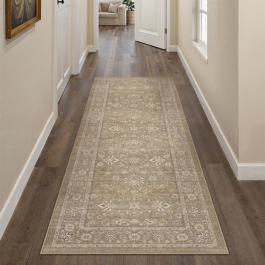 PureCozy 2x6 Runner Rug Brown Washable Hallway Vintage Carpet Kitchen Small Long Non Slip Stain Soft Resistant Low Pile Thin Boho Accent Indoor Throw Rug for Bedroom Laundry Living Room