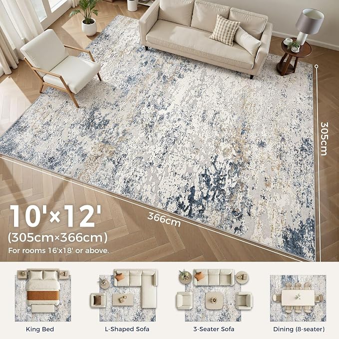 DMOYEST Area Rug Living Room Rugs - 10x12 Large Soft Indoor Neutral Modern Abstract Low Pile Washable Rug Carpet for Bedroom Dining Room Farmhouse Home Office - Beige Blue