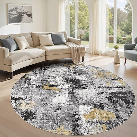 Abstract 6FT Round Rug: Machine Washable Non Slip Ultra Thin Low-Pile Carpet, Soft Stain Resistant for Living Room Bedroom Nursery, Kid Pet Friendly, Robot Vacuum Compatible - Black Gold