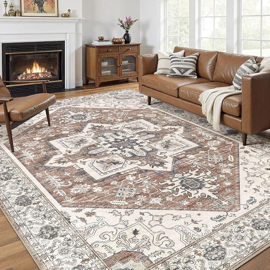 Area Rug 10x12 for Living Room - Washable Oriental Vintage Floral Distressed Large Indoor Carpets with Non Slip Back for Bedroom Dining Room Nursery Office Home Decor -Terracotta/Brown