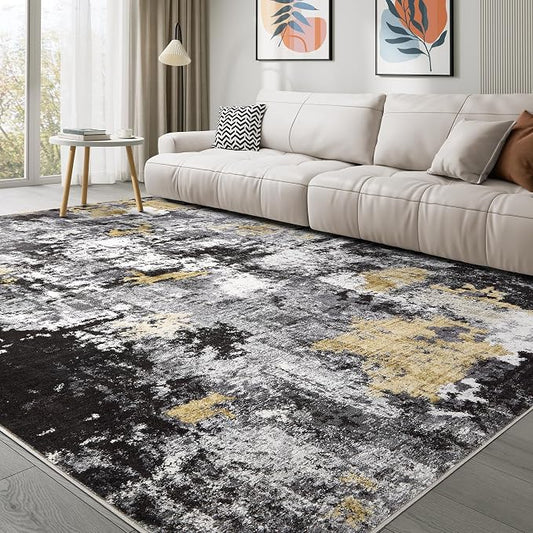 Abstract 10x12 Area Rug: Machine Washable Non Slip Ultra Thin Low-Pile Carpet, Soft Stain Resistant for Living Dining Room Bedroom, Kid Pet Friendly, Robot Vacuum Compatible - Black Gold