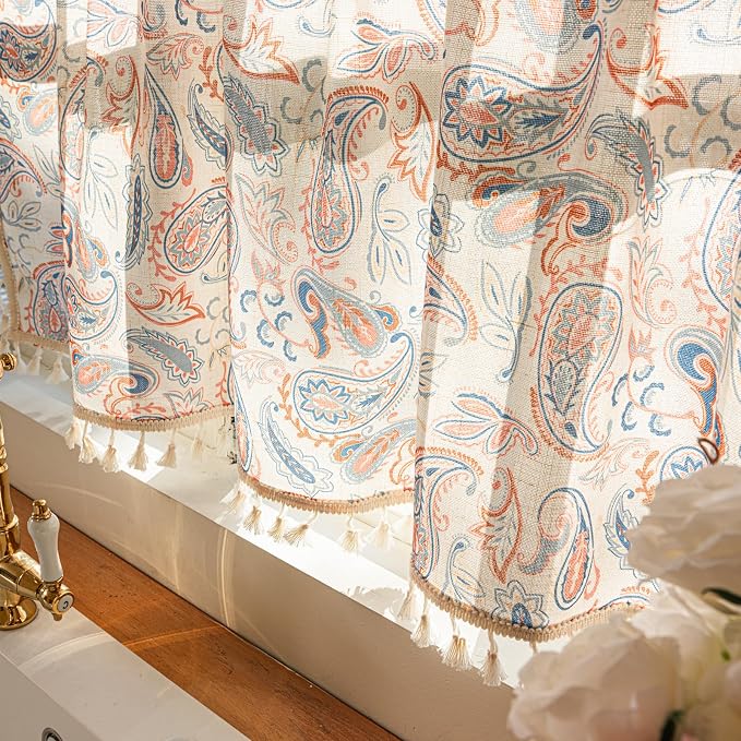Deeprove Boho Valance 18 Inch Length, Colorful Bandana Terracotta Paisley Print Textured Kitchen Window Small Short Curtan for Cafe Bedroom Farmhouse Ethnic TrimTassel Style Privacy 1 Panel 52W x 18L