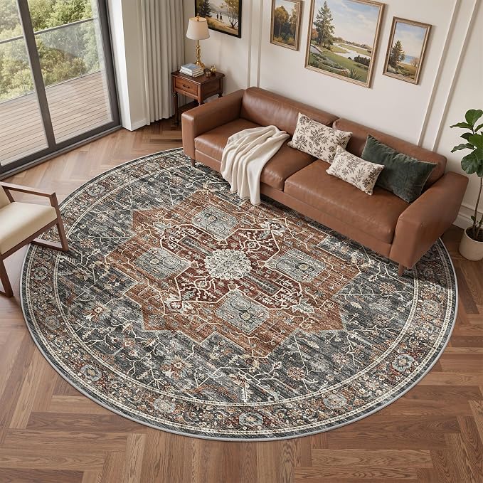 Roxstand 9ft Round Washable Area Rug, Non Slip Rug, Grey/Brown/Tan | Large Round Rug, Vintage, Non-slip Backing, Low-Pile Carpet, Stain Resistant, Rugs for Living Room Bedroom Dining Room