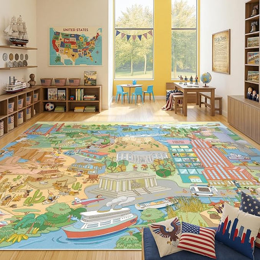Patriotic Large 8x10 Kids Playroom Rug – North America Geography Carpet with Landmarks, Wildlife & U.S. Presidents – Giant Educational Area Rug for Homeschool, Daycare, Classroom, or Pretend Play Area