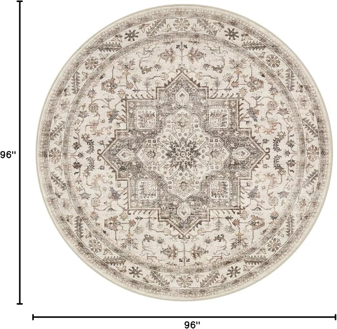 8ft Round Vintage Living Room Area Rug - 8x8 Large Soft Washable Oriental Traditional Distressed Farmhouse Rugs for Bedroom - Indoor Floor Accent Carpet for Home Office House Decor - Light Brown