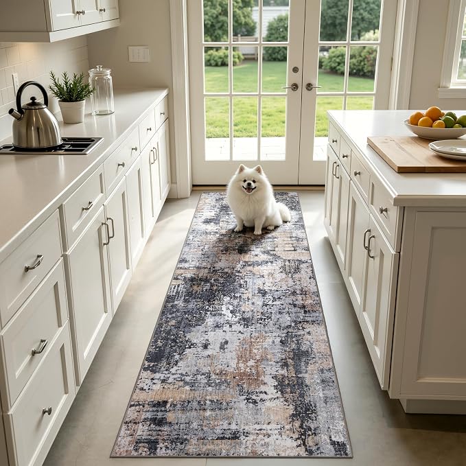 Sasttie 2x10 Soft Runner Rug for Entryway, Modern Abstract Washable Carpet for Hallway, Kitchen and Laundry Room, with Non-Slip Backing, Black and Cream