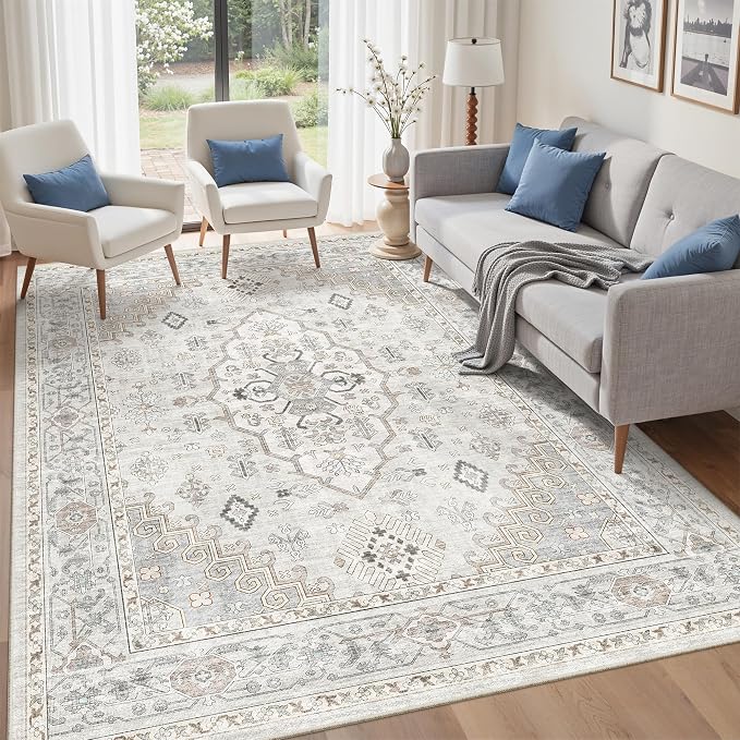 befbee 6x9 Area Rugs for Living Rooms, Stain Resistant Neutral Washable Rugs for Dining Rooms, Floral Vintage Non-Slip Thin Large Size Area Rug(Light Grey)