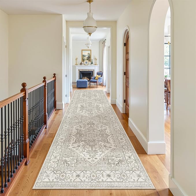 Madane Hallway Runner Rug 3x10 Washable Kitchen Runners 10ft, Beige/Brown | Vintage Non-Slip Entryway Area Rugs Indoor, Soft Low-Pile Farmhouse Wide Floor Carpet for Bathroom Living Room Bedroom Foyer