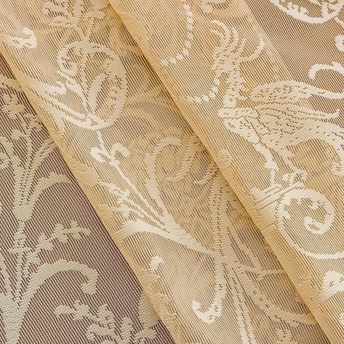 TUDECO Sheer Beige Curtains 72 Inch Length 2 Panels - French Country Vintage Lace Curtains with Flower Bird Pattern and Ruffle Edges, Rod Pocket Privacy Drapes for Dining Room Doorway, 59 x 72 Inch