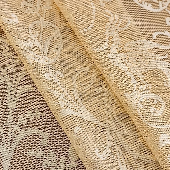 TUDECO Beige Floral Curtains 108 Inches Long - Fancy Lace Sheer Curtains for Dining Room, 60s 70s Retro Flower Ruffle Privacy Embroidered Extra Long Window Treatment Spring Summer Decor, 59 x 108 Inch