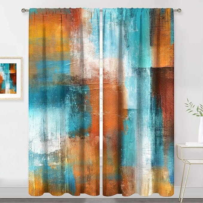 MESHELLY Brown Blue Abstract Curtains 52W x 84H Inch Rod Pocket Rust Burnt Orange Teal Art Painting Modern Contemporary Watercolor Cool Oil Print Vintage Living Room Bedroom Window Drapes 2 Panel