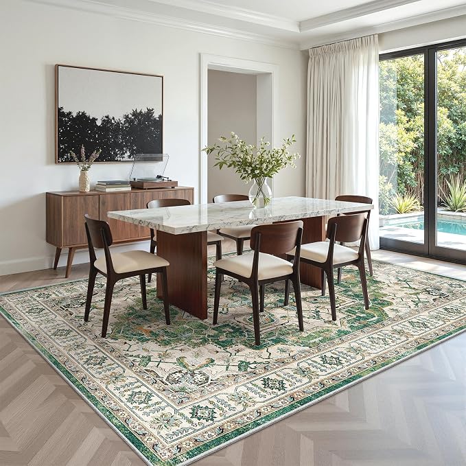 zesthome 6x9 Area Rugs, Machine Washable Rugs for Living Room, Bedroom,Stain Resistant Vintage Large Area Rug,Non-Slip Medallion Pattern Home Decor Rugs (Green,6'x9')