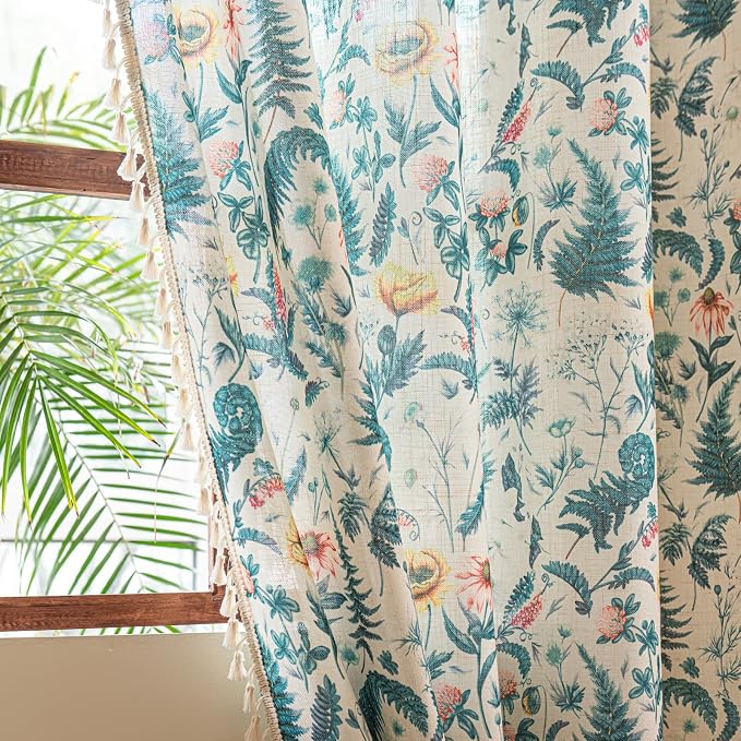Deeprove Boho Florals Print Curtains 84 Inches Long with Tassel, Palm Leaves Sheer Window Treatments Vintage Drapes for Bedroom Living Room Abstract Privacy 2 Panels Pair 52W x 84L
