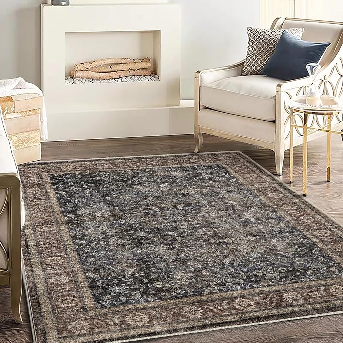 CHAMPLANT Washable Area Rug 3'x5' Vintage Traditional Floor Cover Foldable Thin Rugs Retro Kitchen Indoor Distressed Non Slip Carpet Floral Print Mat Bedroom Living Room
