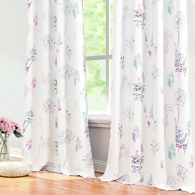 XTMYI Purple Curtains for Living Room 2 Panels Grommet Room Darkening 80% Blackout Pastel Pale Colored Floral Print Woman Feminine Curtains for Office,Purple and Gray,52 by 84 Inches Long